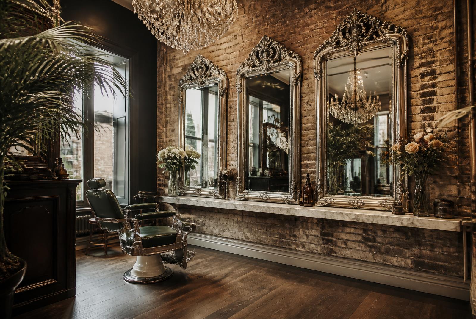 Inside New Cross Hair & Beauty Salon — antique mirrors and warm lamplight